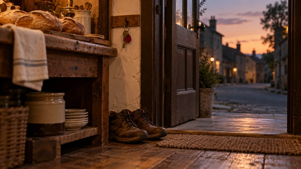 A pair of worn leather walking boots on a doormat by the open back door of a bakery, a quiet street outside at dusk, a key on a hook