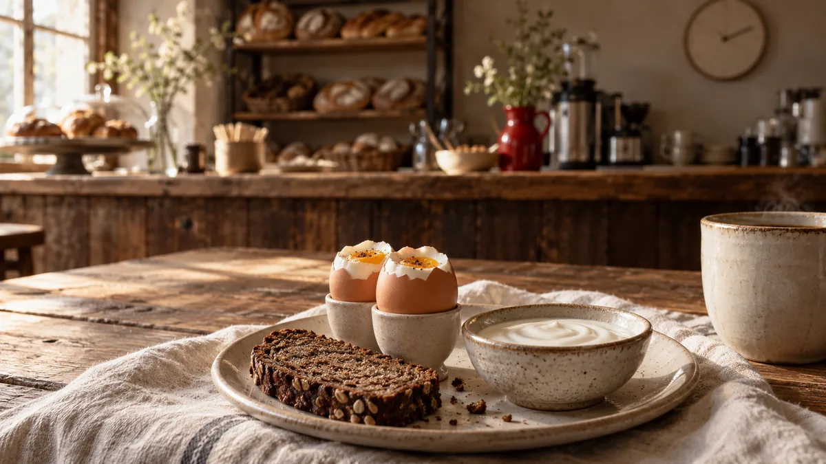 A breakfast plate on a bakery table: two boiled eggs in cups, a slice of dark rye bread and a small bowl of plain yogurt, a wall clock out of focus behind
