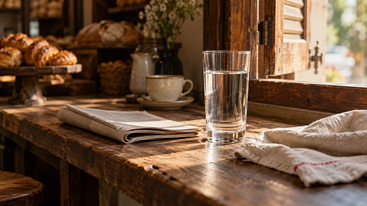 A tall glass of water on a bakery counter by a shuttered window at first light, a folded newspaper and a linen cloth beside it
