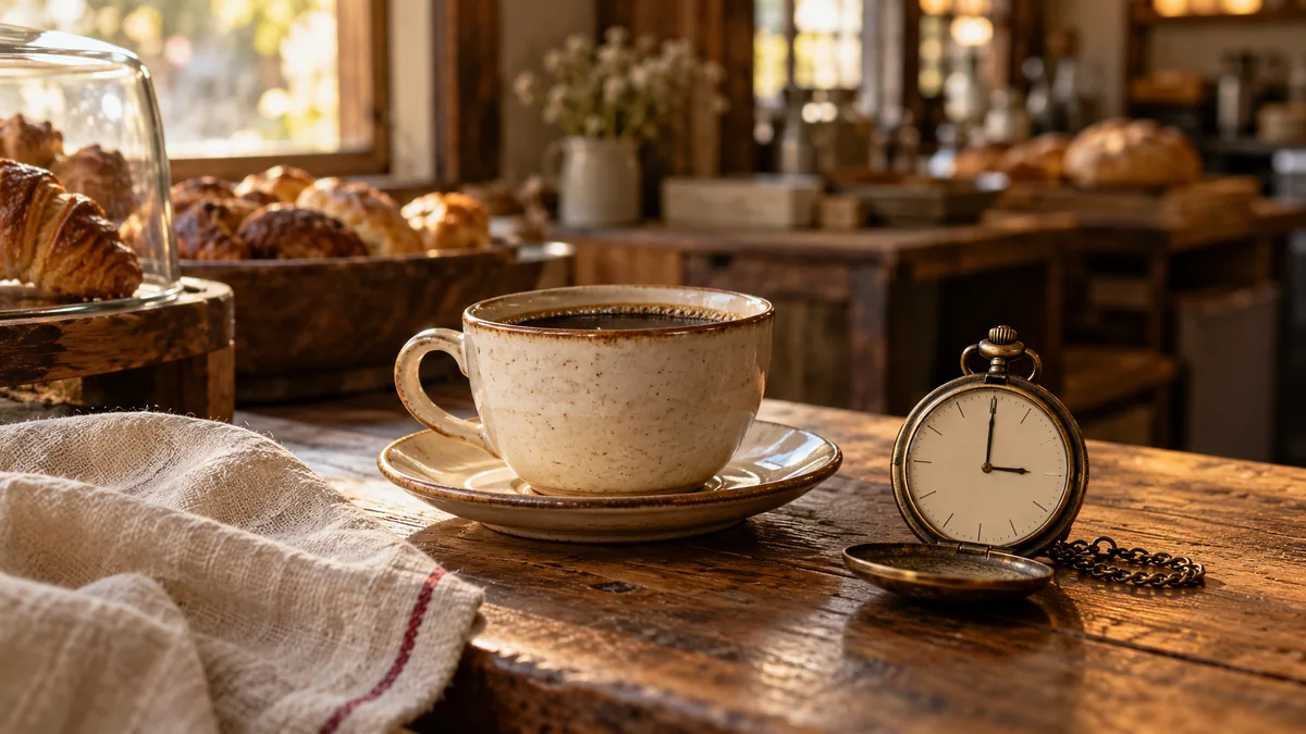 A single cup of black coffee on a saucer on a bakery counter, a pocket watch beside it showing three in the afternoon, golden light
